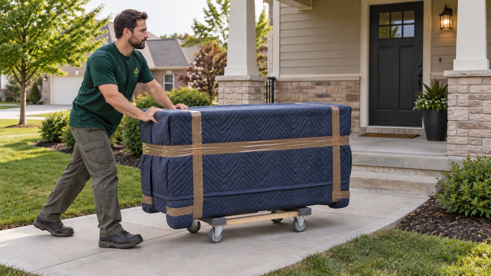 Match handling to the item and route A male mover pushing a blanket-protected dresser on a compact wooden furniture dolly along a level path.