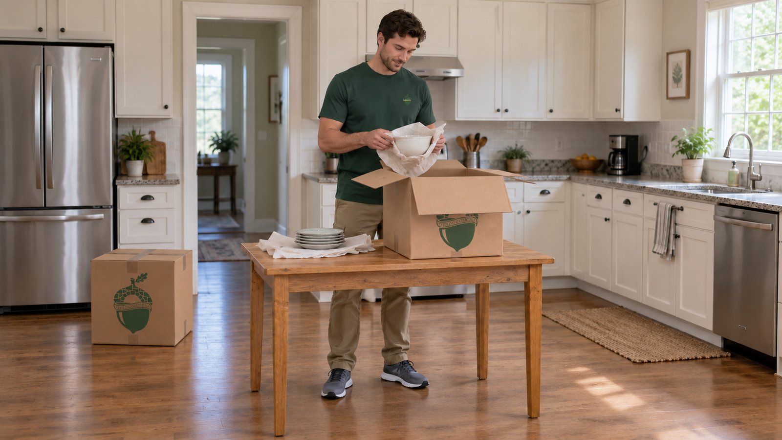 Agree the packing responsibility A male packer wrapping a bowl above an open kraft Linen carton on a complete kitchen preparation table.