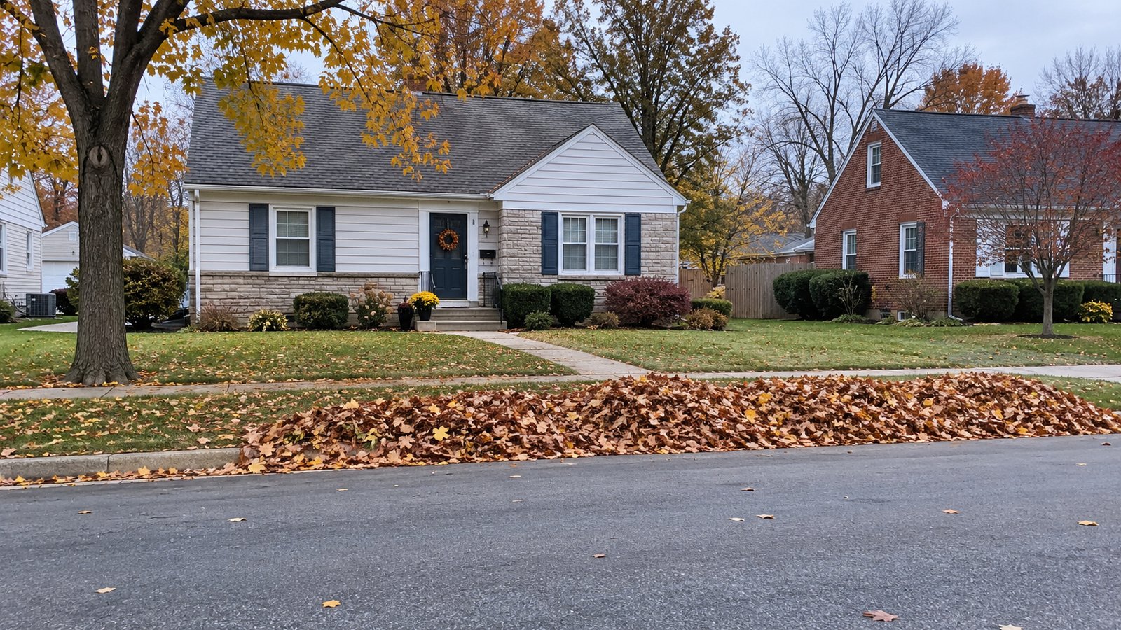 Prepare the seasonal approach A complete modest house behind autumn leaf piles along a curb and a clear roadway.