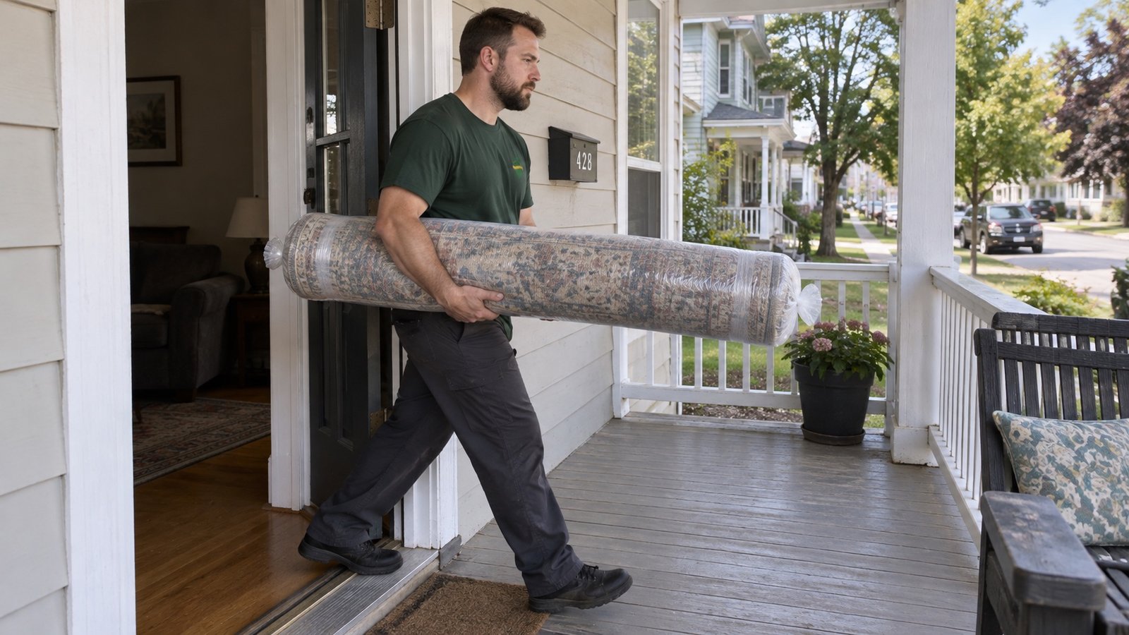 A protected rug through the porch doorway A mover carrying a protected rolled rug through a porch doorway.