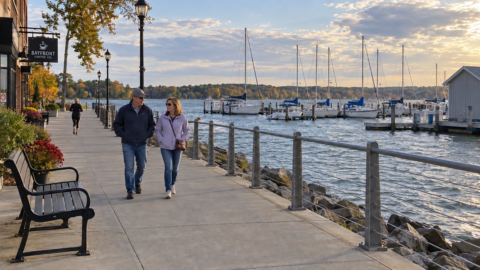 Two adults walking along a waterfront promenade beside benches, railing and a sailboat marina.