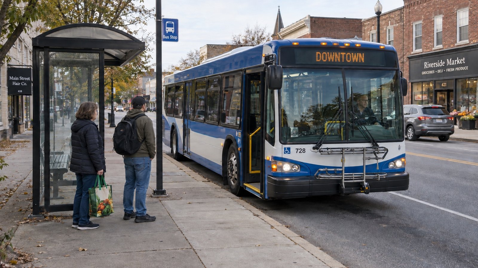 A city bus stopped at the curb with its passenger door open and adults waiting on the sidewalk.