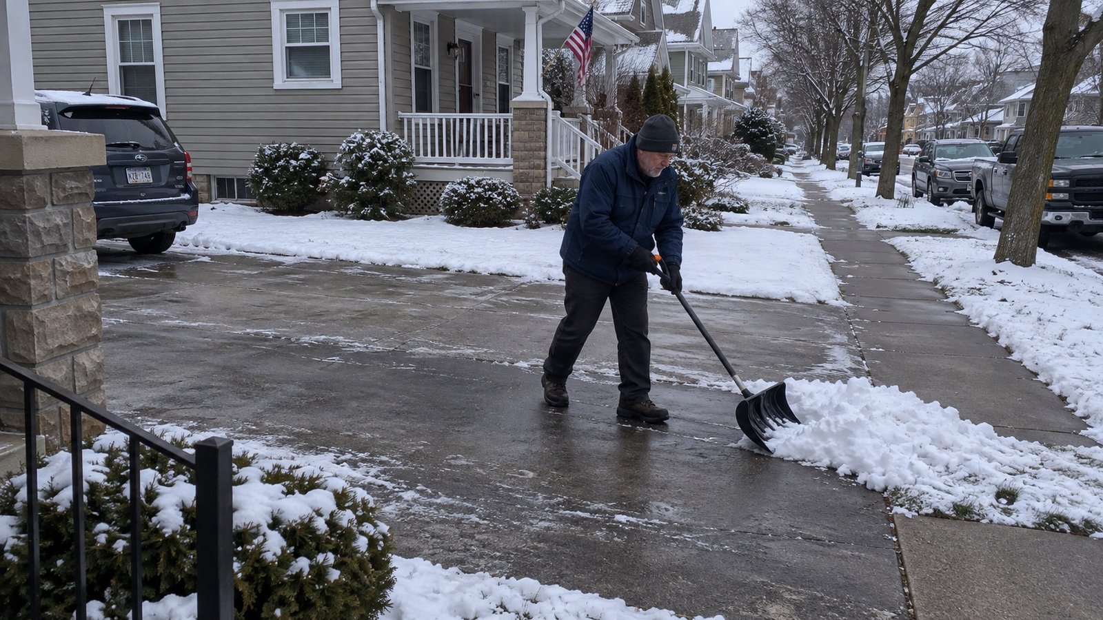 A resident pushing driveway snow toward the edge of a private lawn beside a cleared sidewalk.