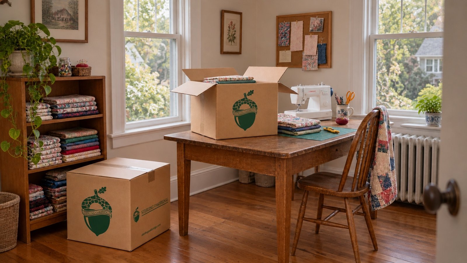 A sewing room with folded fabric, a sewing machine and two medium Sterling Oakbridge cartons.