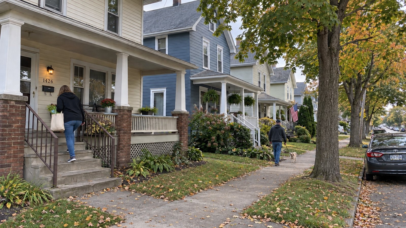 A resident carrying groceries up porch steps beside individual wooden houses, with a dog walker on the sidewalk.