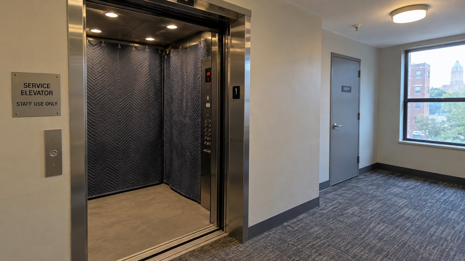 Padded service elevator and hallway An open service elevator with protective pads, controls and a clear hallway approach.