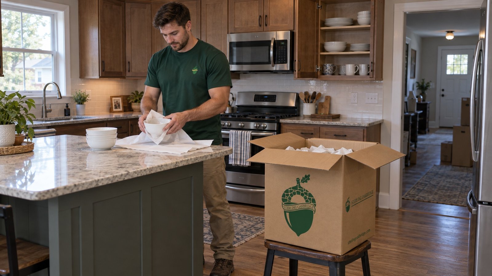 Protecting a bowl at the kitchen island A mover protecting a white bowl at a kitchen island beside an open branded china carton.