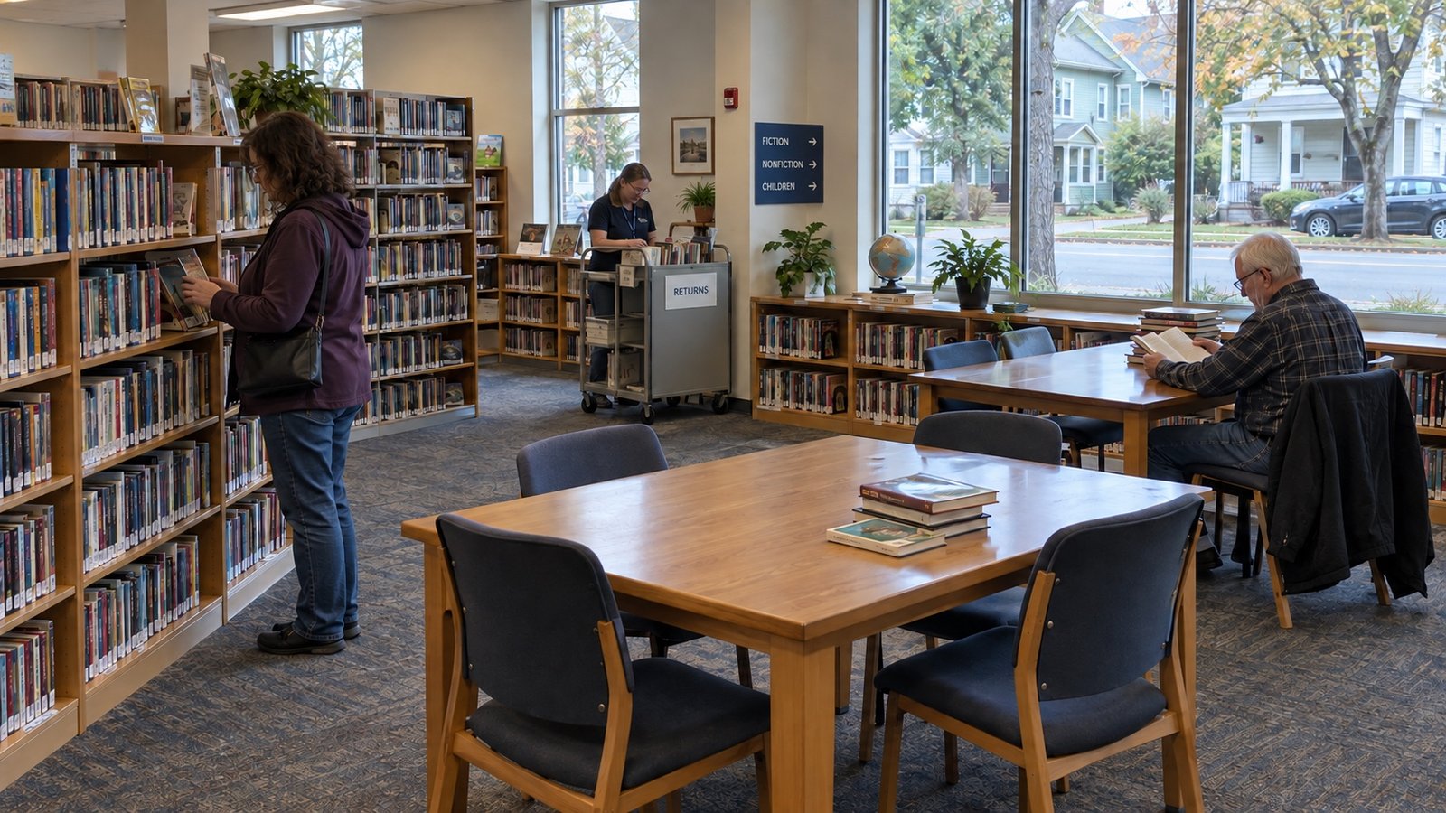 Adults browsing and reading in a neighborhood library with shelves, tables and a return cart.