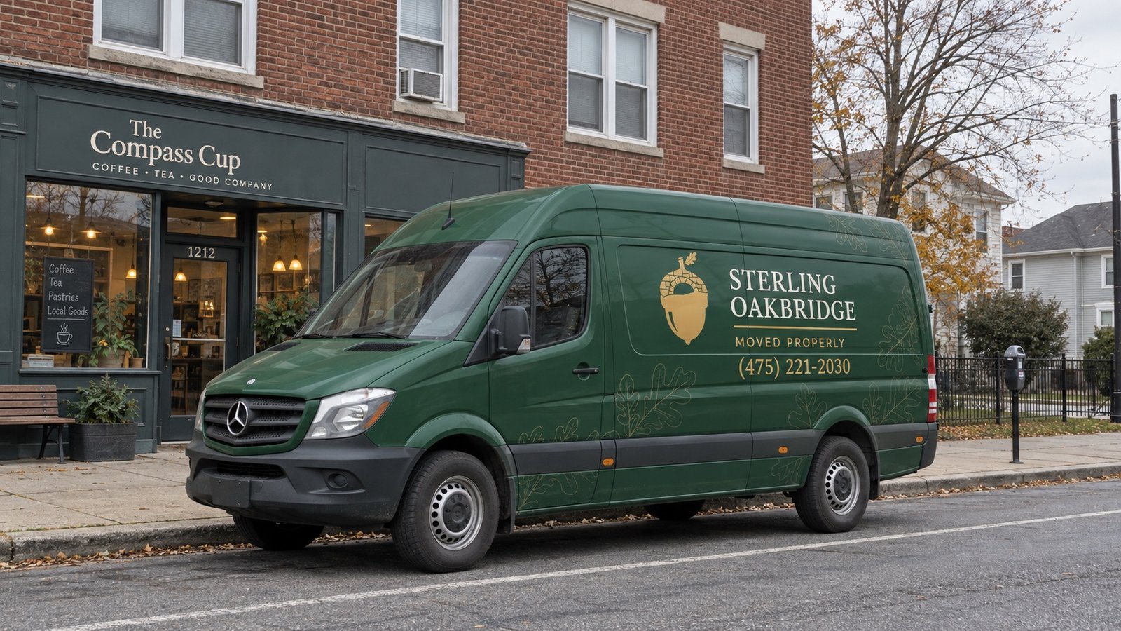 Sprinter beside the commercial curb A green Sterling Oakbridge Sprinter parked parallel to the curb on a commercial street.