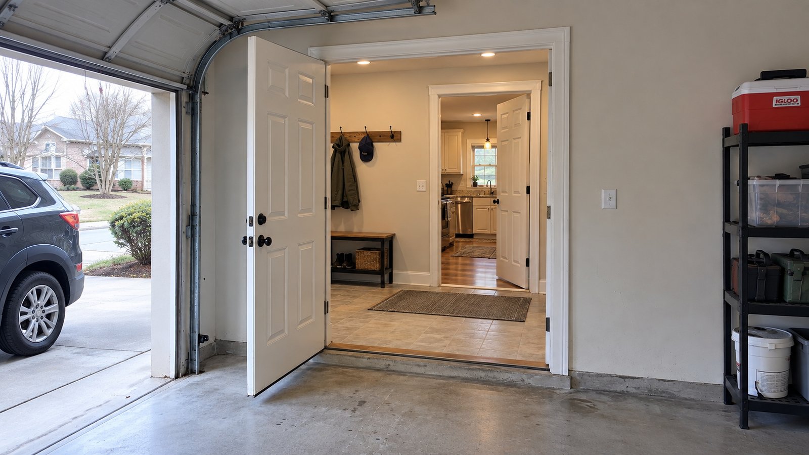 Walk the whole carrying route Two complete open hinged doorways connect a garage, tiled mudroom and kitchen.