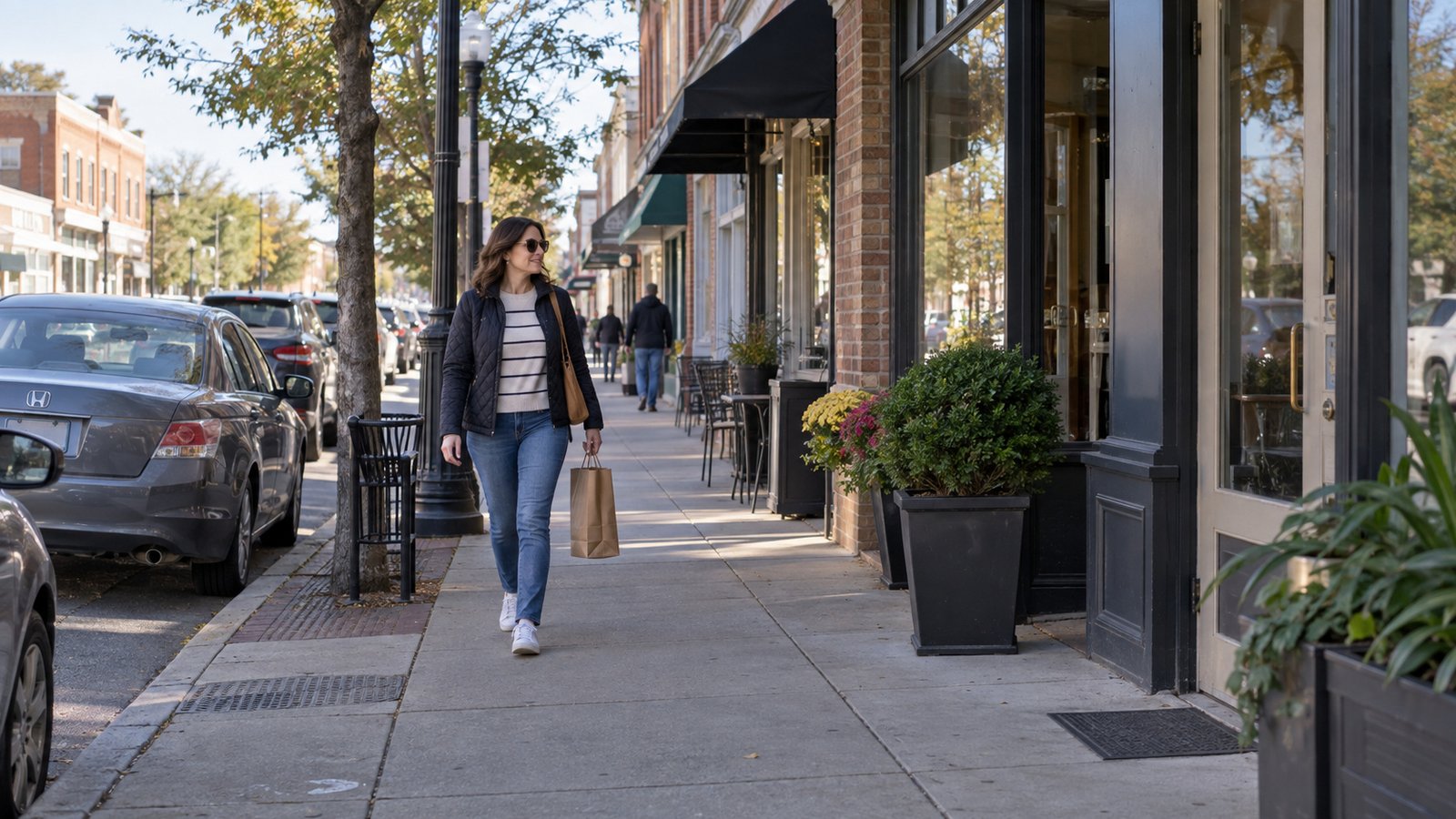 A woman carrying a shopping bag walks a commercial sidewalk beside brick frontage and lamps.