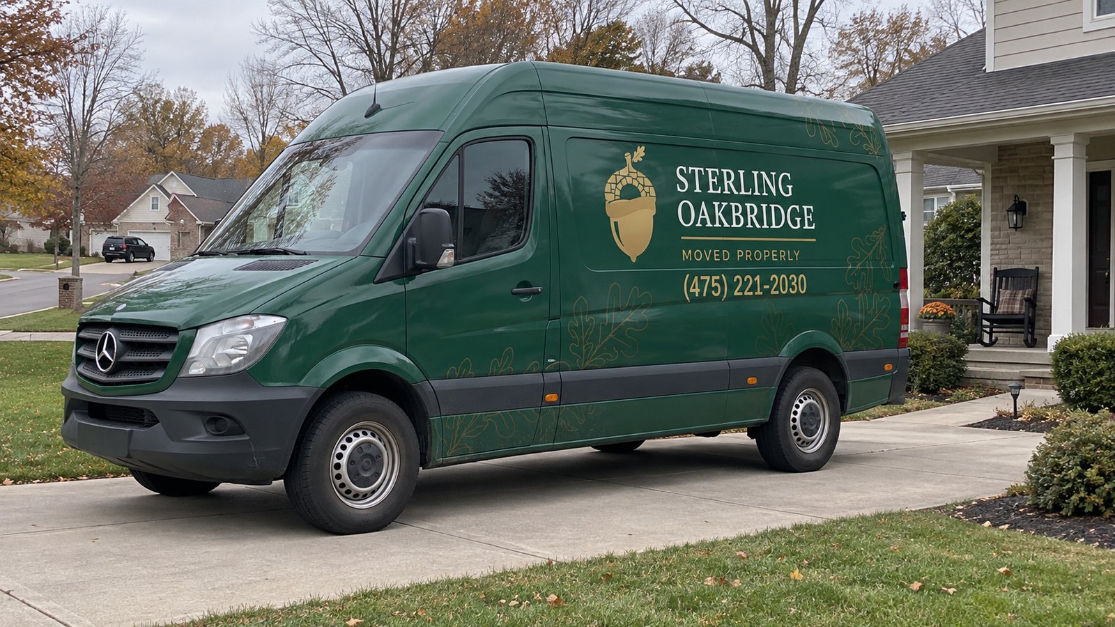 Confirm the proposed vehicle position A whole green Sterling Oakbridge Mercedes Sprinter on a concrete driveway beside a porch.