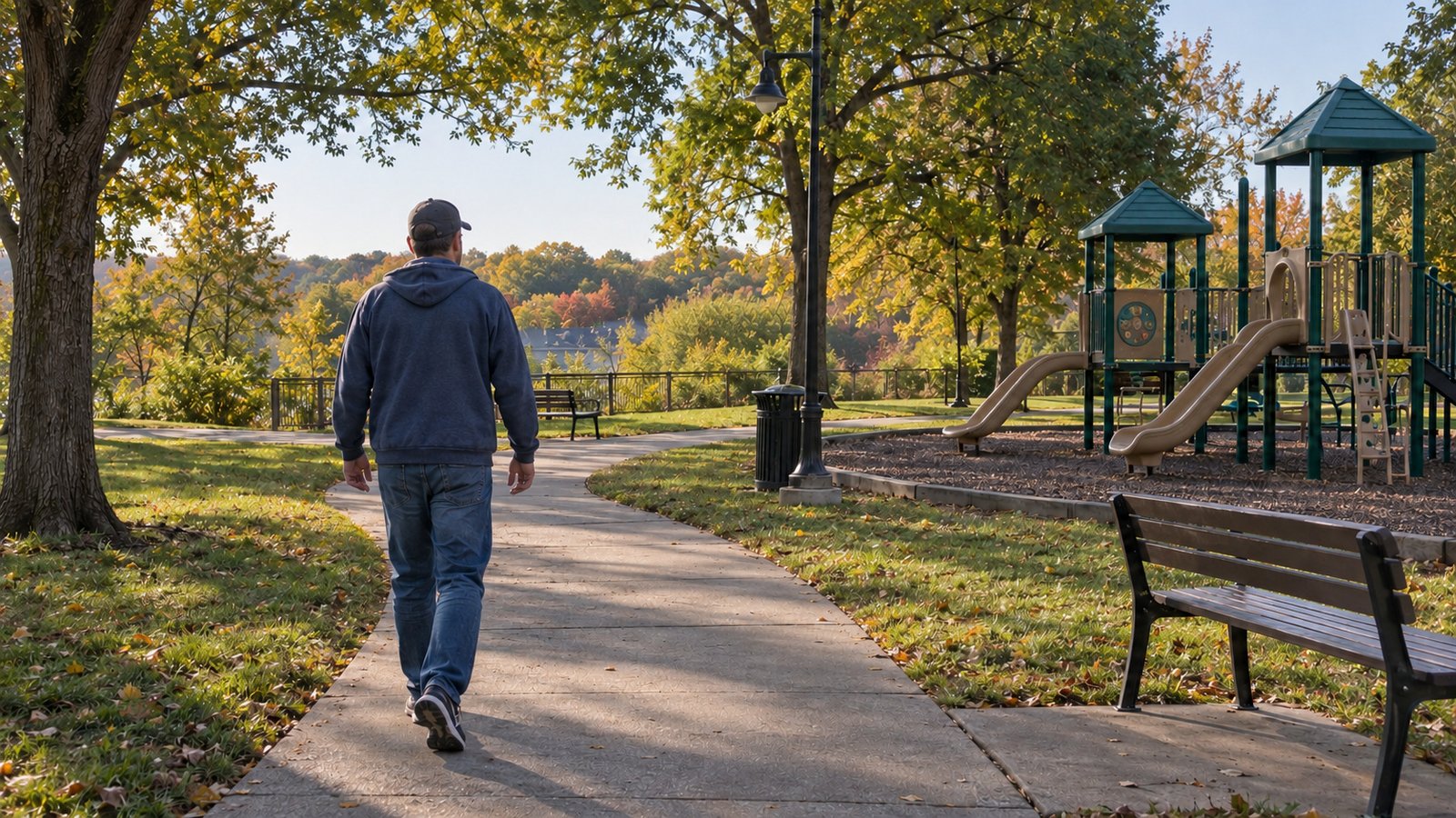 A resident walks an inland park path beside a playground, benches and trees.