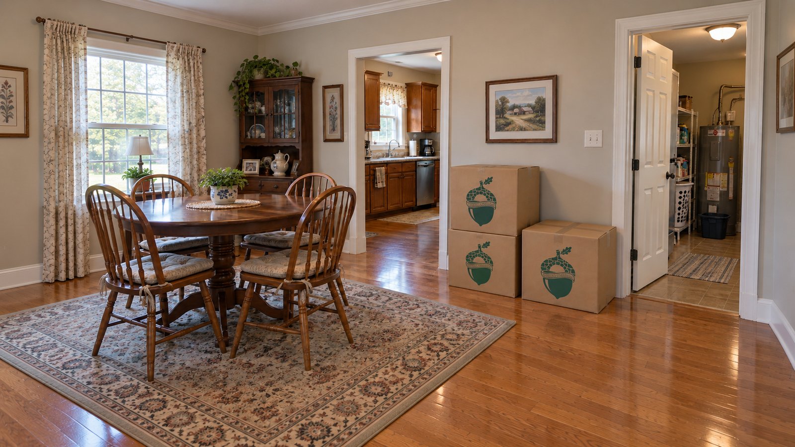 A complete dining table and chairs beside three closed kraft Medium cartons, a kitchen opening and utility-room door.