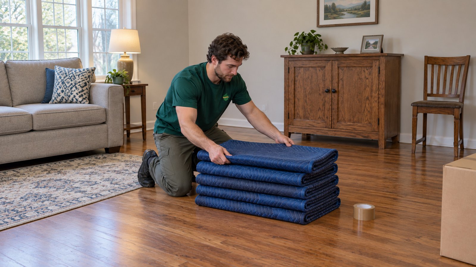 Finish the protection cleanup A kneeling male mover places a fifth long-folded blue moving blanket onto four matching blankets beside a roll of tape.