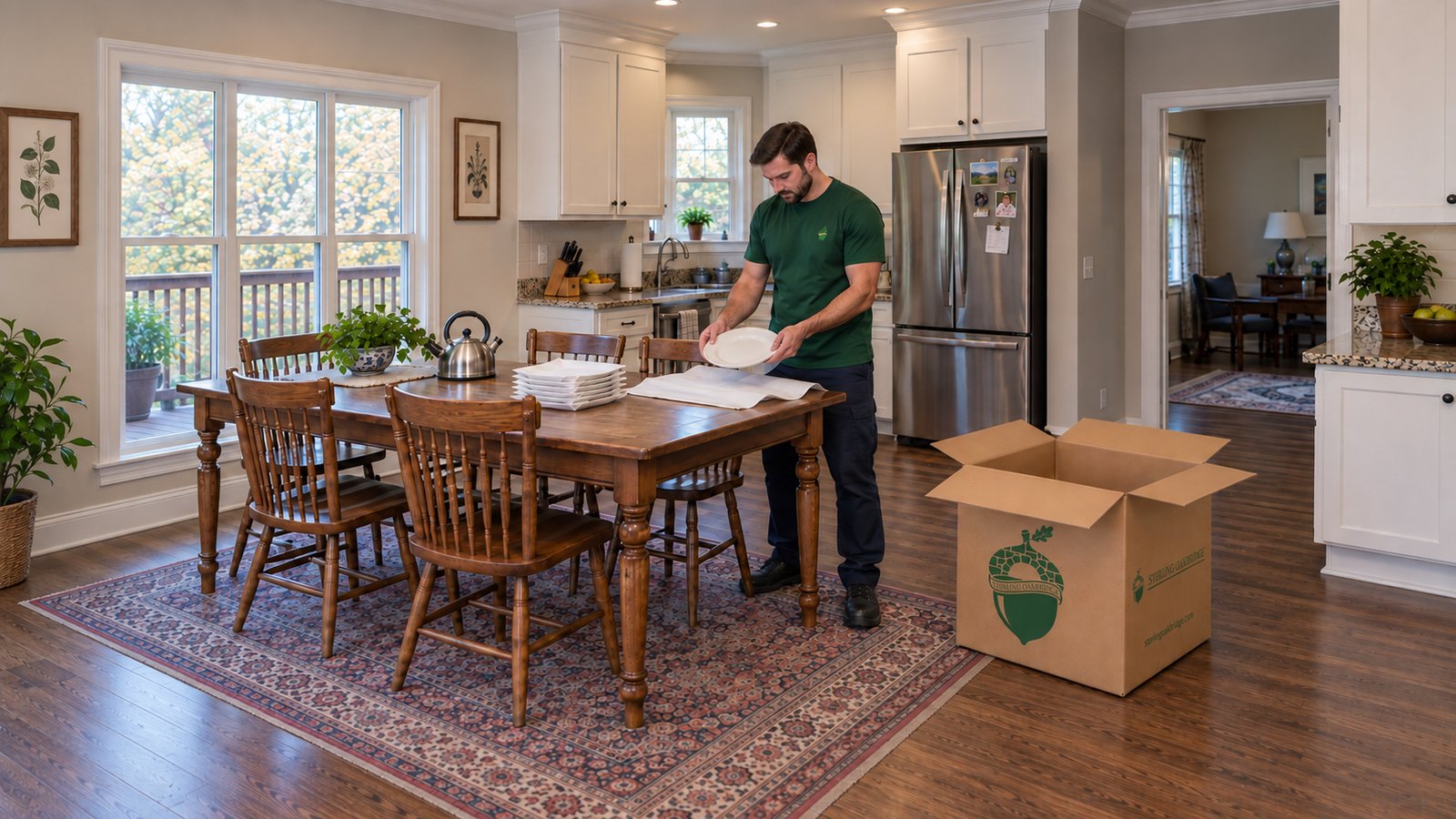 Prepare the selected packing work A male packer holds a plate over loose white paper on a complete kitchen table beside an open kraft Medium carton.