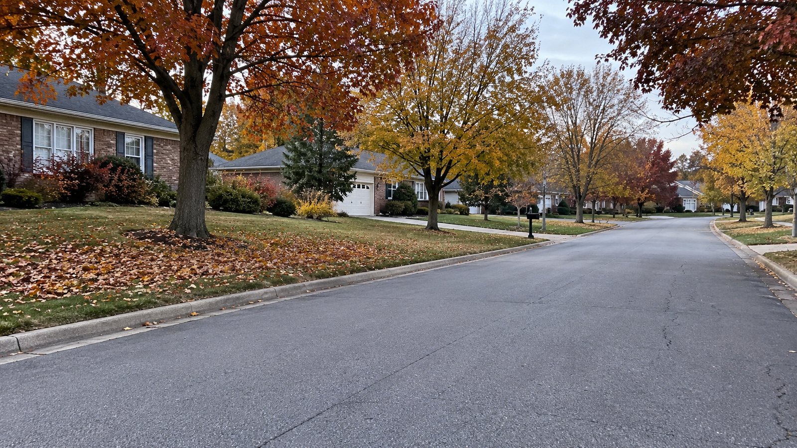Loose leaves on the grass verge behind the curb beside a residential street in autumn.