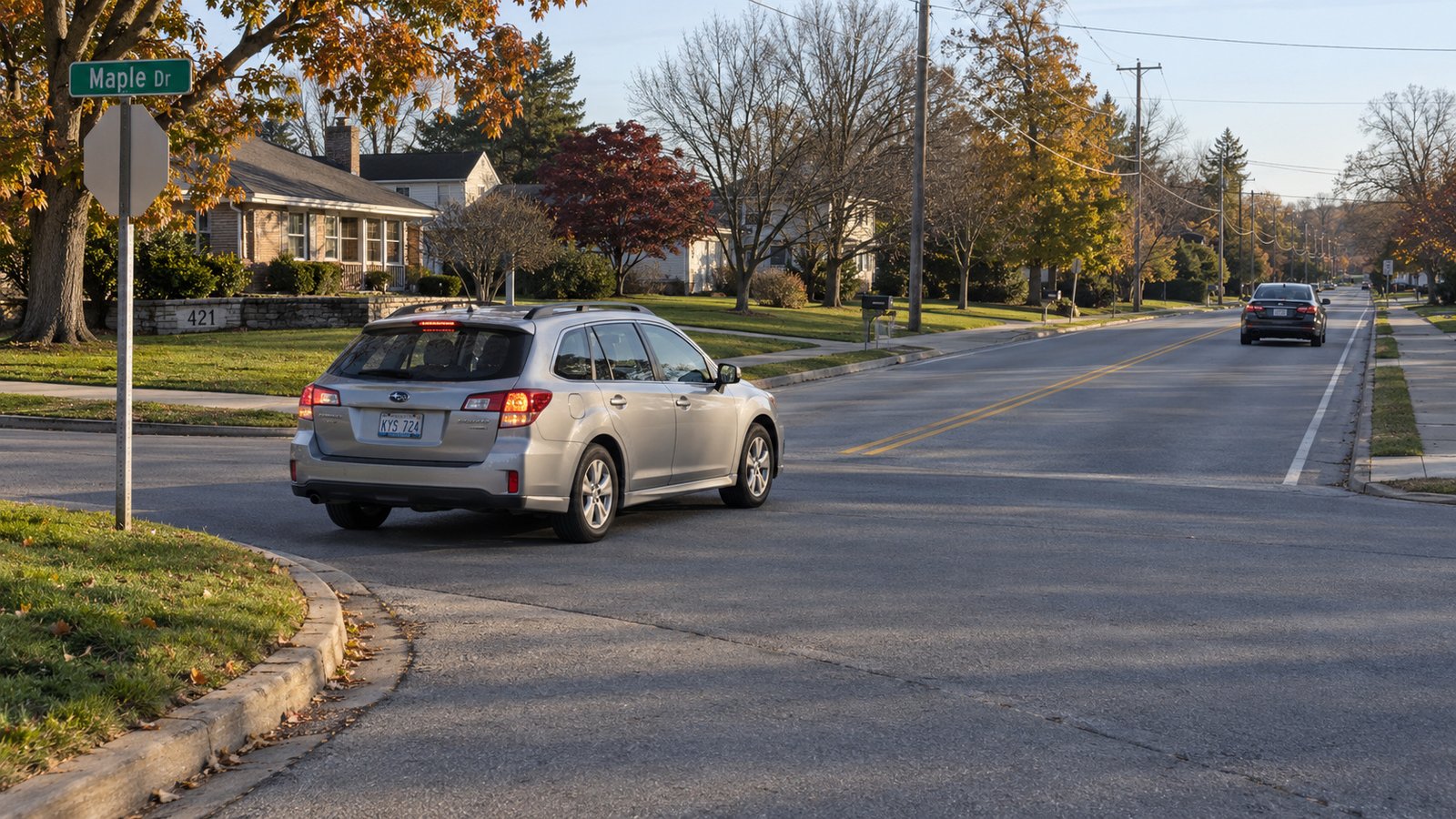 A whole station wagon turns from a residential side road onto a suburban arterial.
