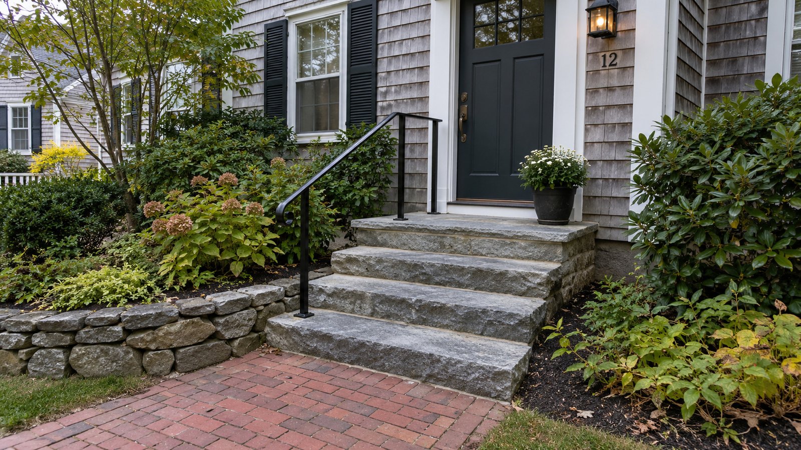 The steps before the front door Stone front steps with a black iron handrail leading from a brick path to a small landing and dark front door