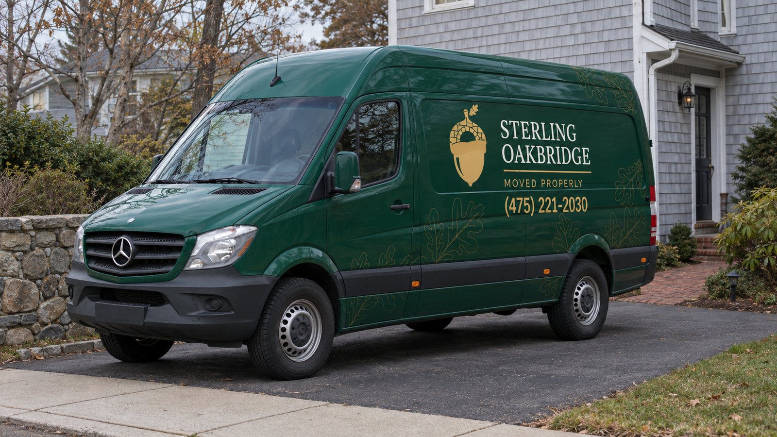 A vehicle position beside the home Dark green Sterling Oakbridge Sprinter van on a paved driveway beside a shingled house and stone wall, with the sidewalk clear