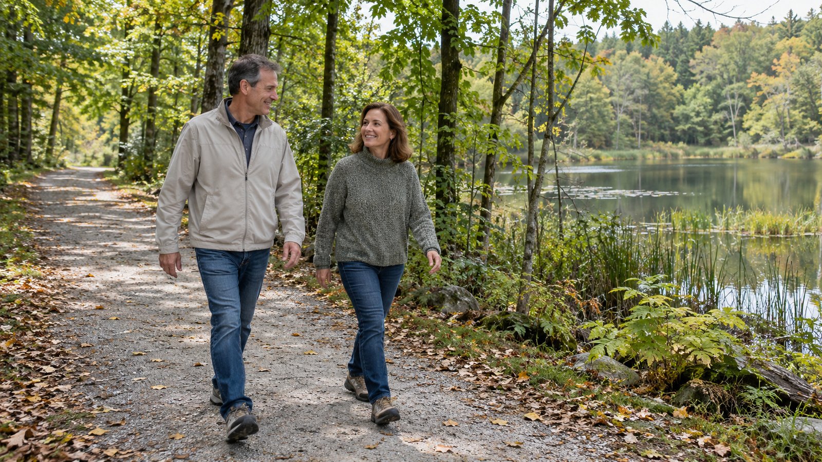 Time for a familiar walk Two adults walking side by side on a broad wooded path beside a calm pond