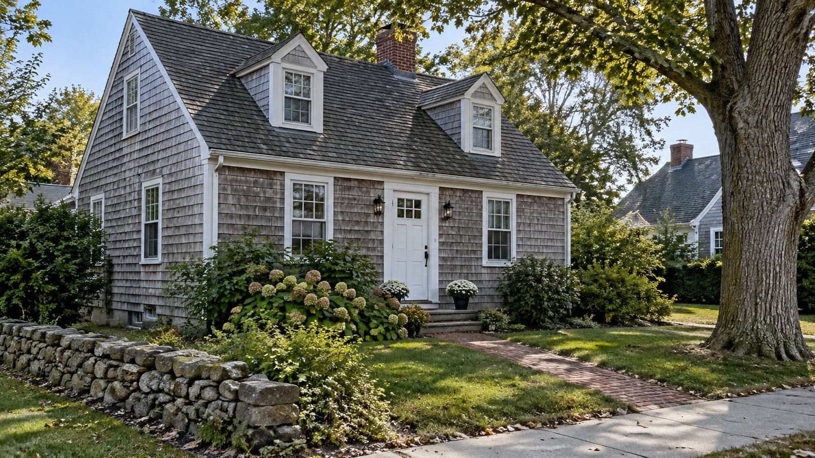 A home and its approach Gray-shingled Cape house with two dormers, a brick front path and a low stone garden wall