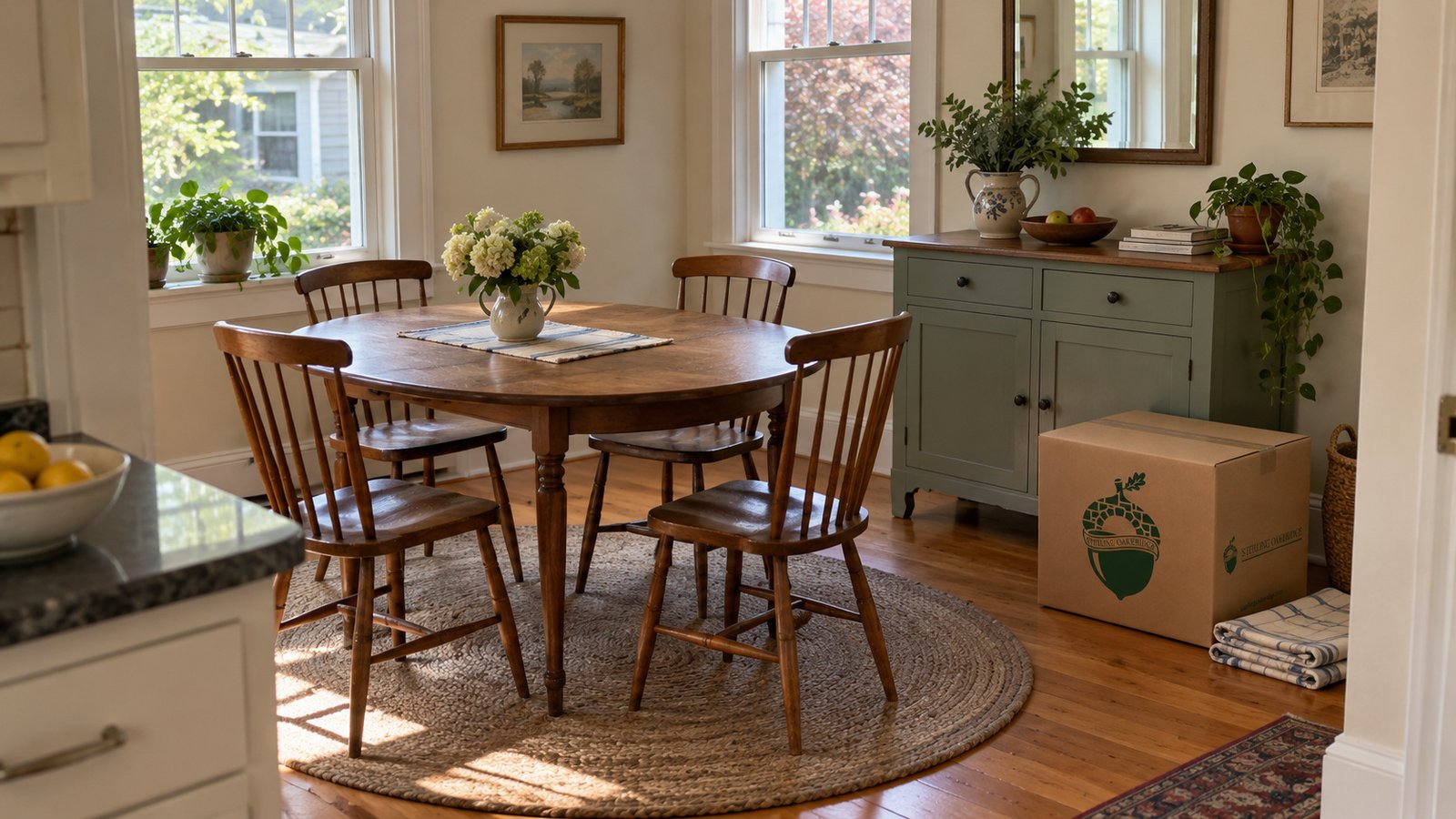 A room for everyday meals Oval dining table and four wooden chairs beside a painted sideboard, a Sterling Oakbridge carton and folded linens