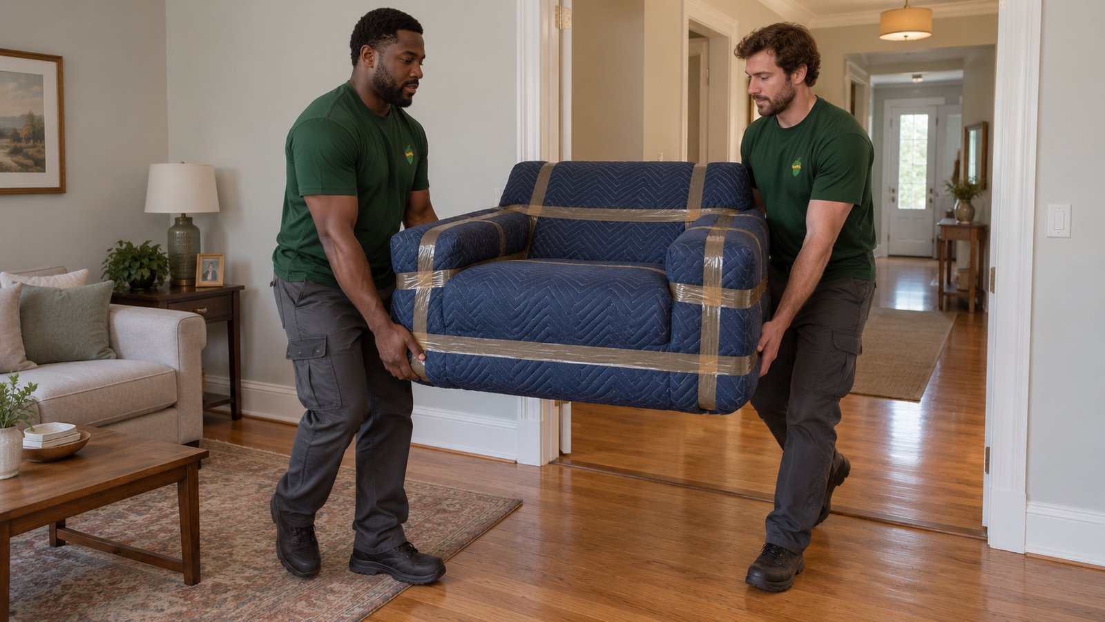 Carrying a protected armchair Two male Sterling Oakbridge movers carrying an armchair covered with blue quilted blankets and secured with brown packing tape