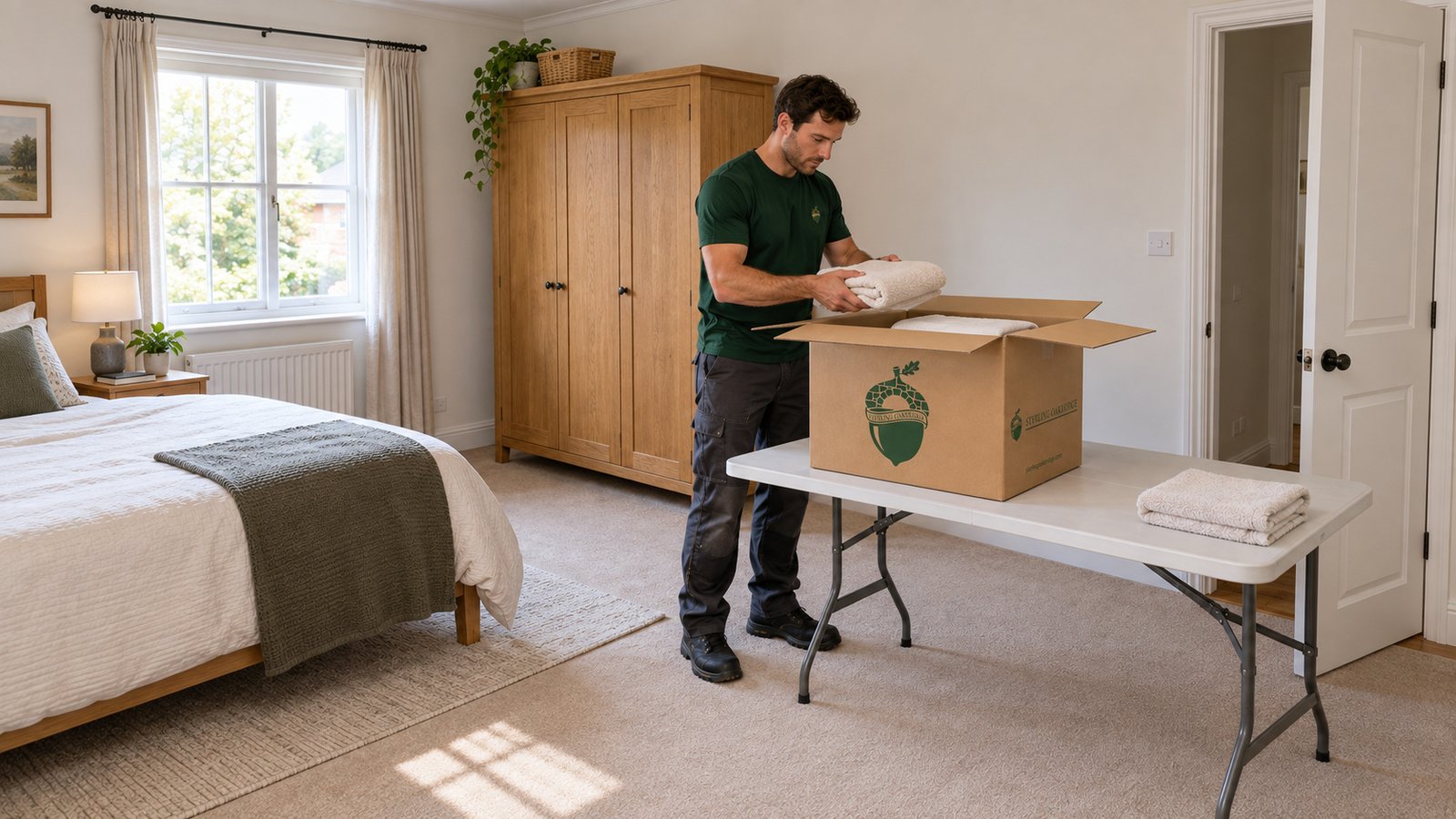 Packing the lighter household linens Male Sterling Oakbridge mover placing a folded towel into an open branded medium carton on a folding table in a bedroom