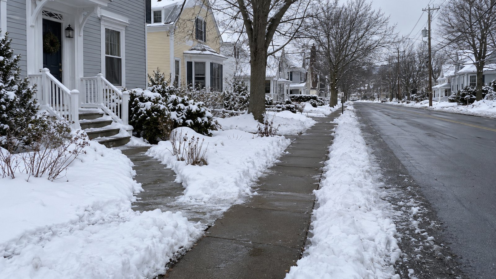 Winter access starts at the street Cleared village sidewalk and a short front path between snow banks beside clapboard homes and a plowed road