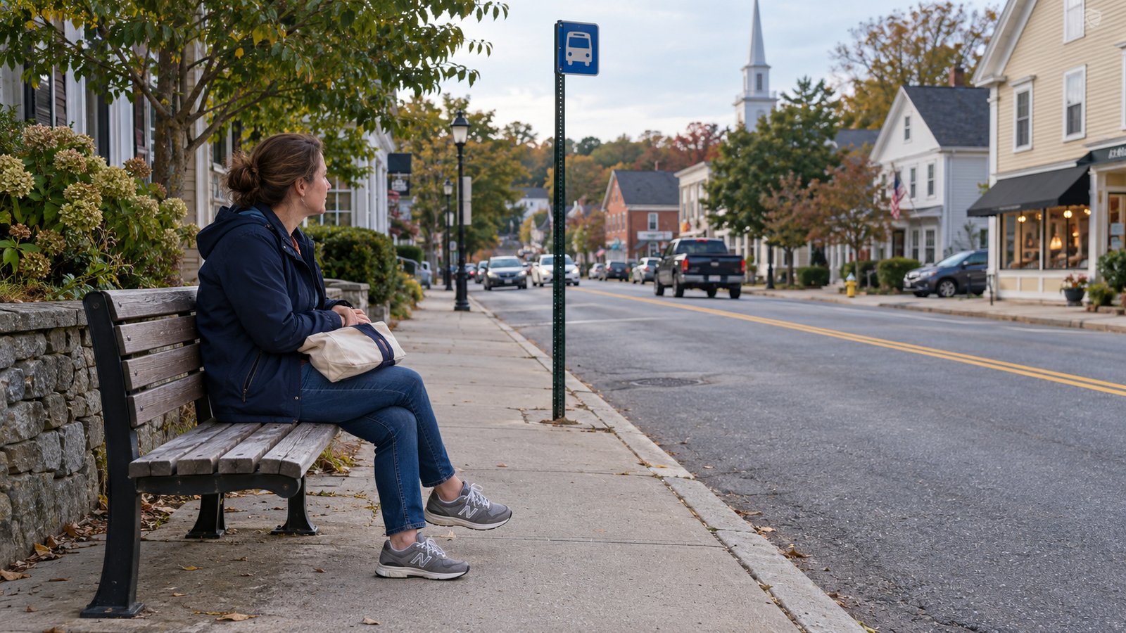 Planning the trip and the return Woman in a navy jacket sitting with a canvas bag on a bench beside a small-town bus-stop sign