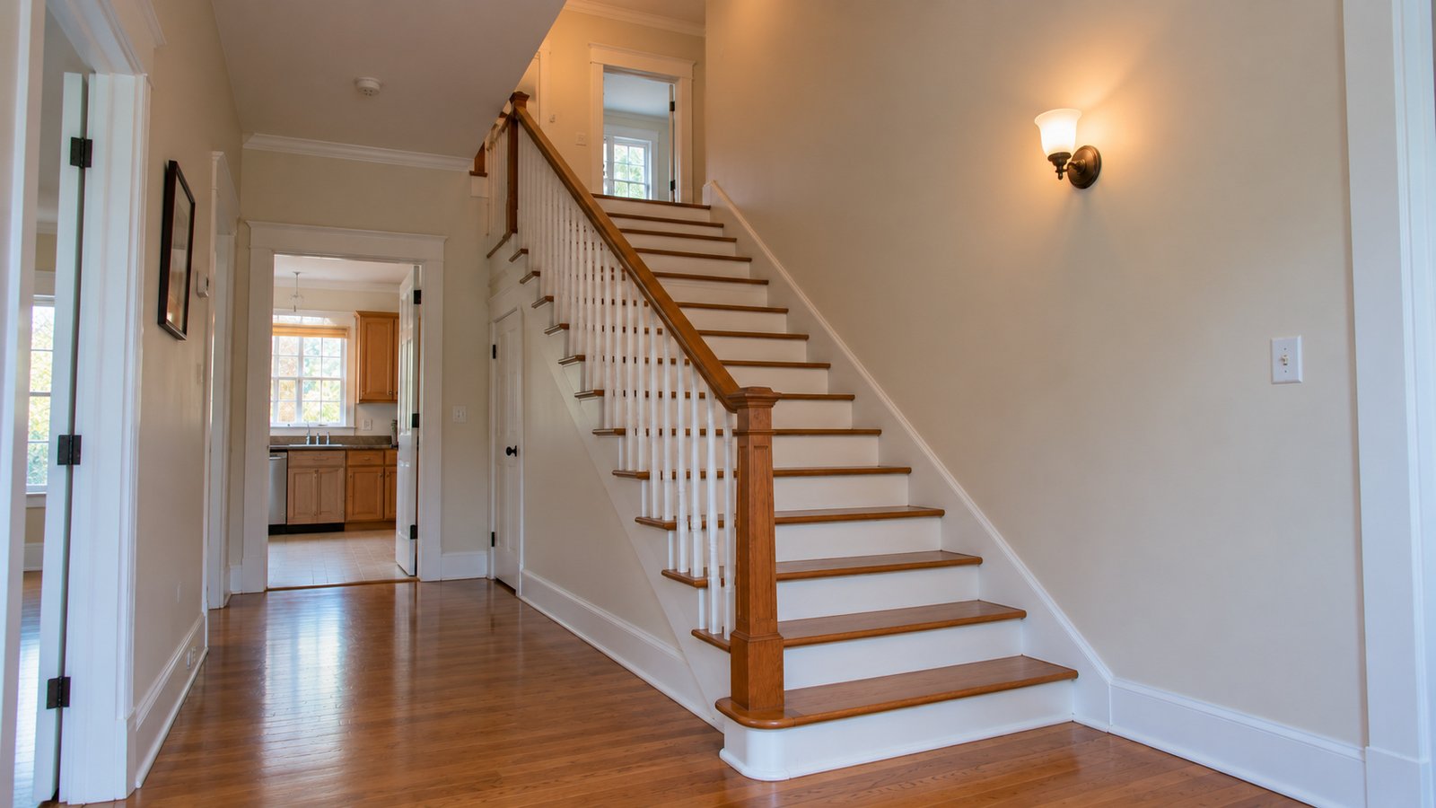 Staircase, landing and doorway Straight wooden staircase with a handrail, a clear lower hall and an open doorway at the upper landing