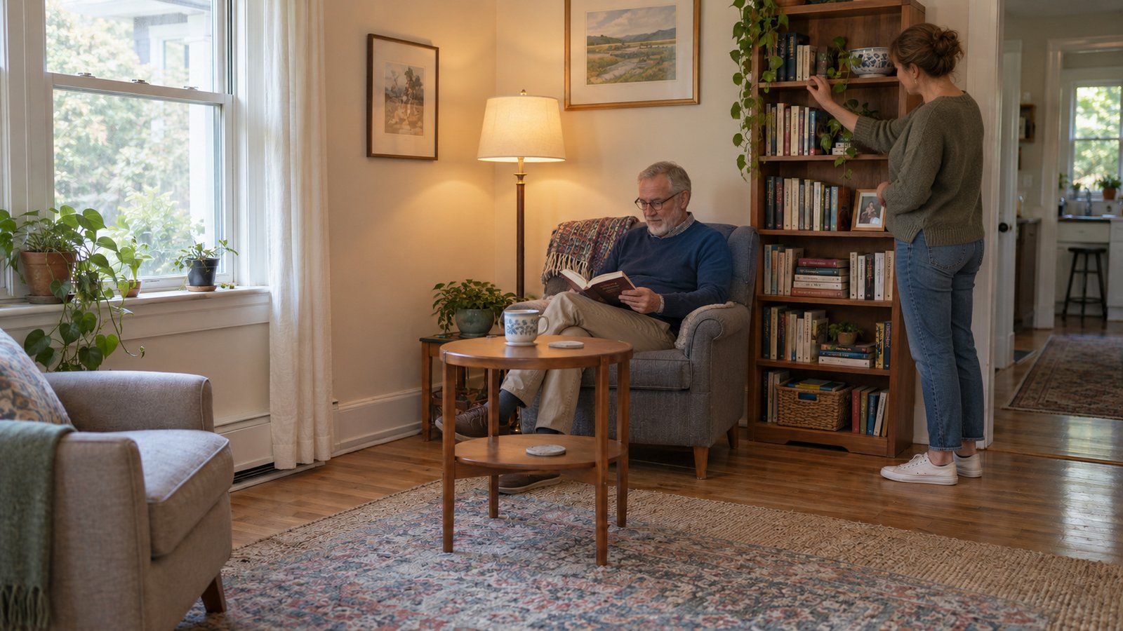 Making a place for reading A man reads a book in an armchair while a woman chooses a book from the wooden shelves beside him.