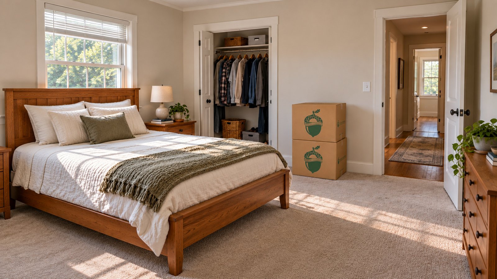 Bedroom layout and storage Wooden bed beside an open closet, with two closed Sterling Oakbridge cartons stacked against a spare wall near a clear doorway