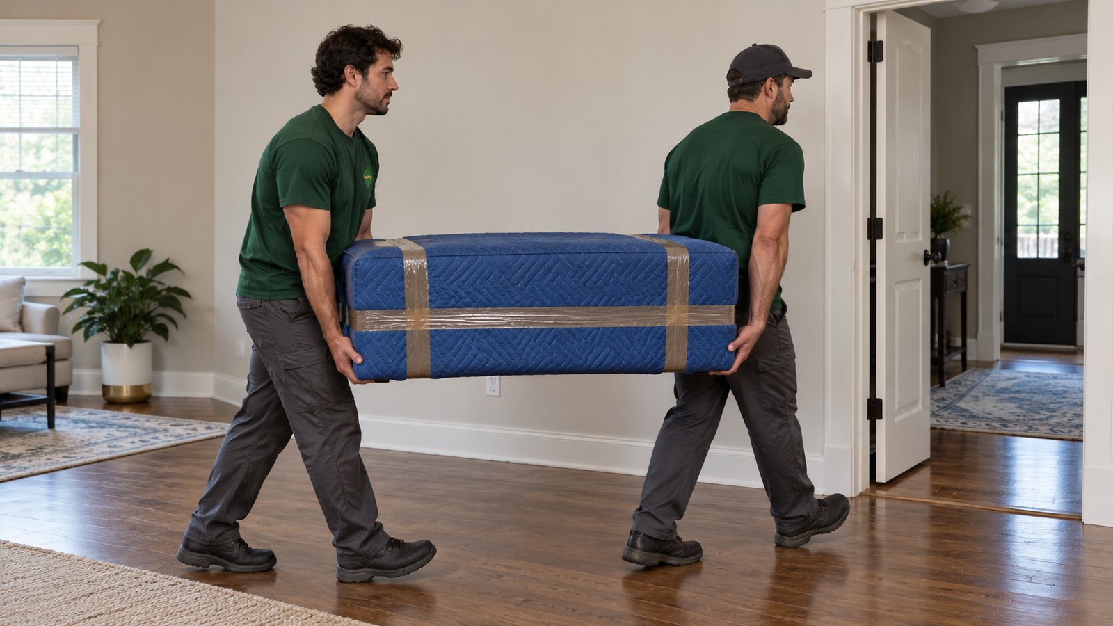 Carrying a protected piece of furniture Two movers in green shirts carrying a rectangular piece wrapped in a blue moving blanket toward an open doorway