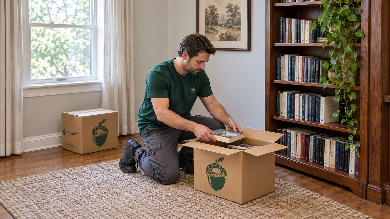 Packing books into a small carton Mover in a green Sterling Oakbridge shirt placing a book into an open branded kraft carton beside a bookcase