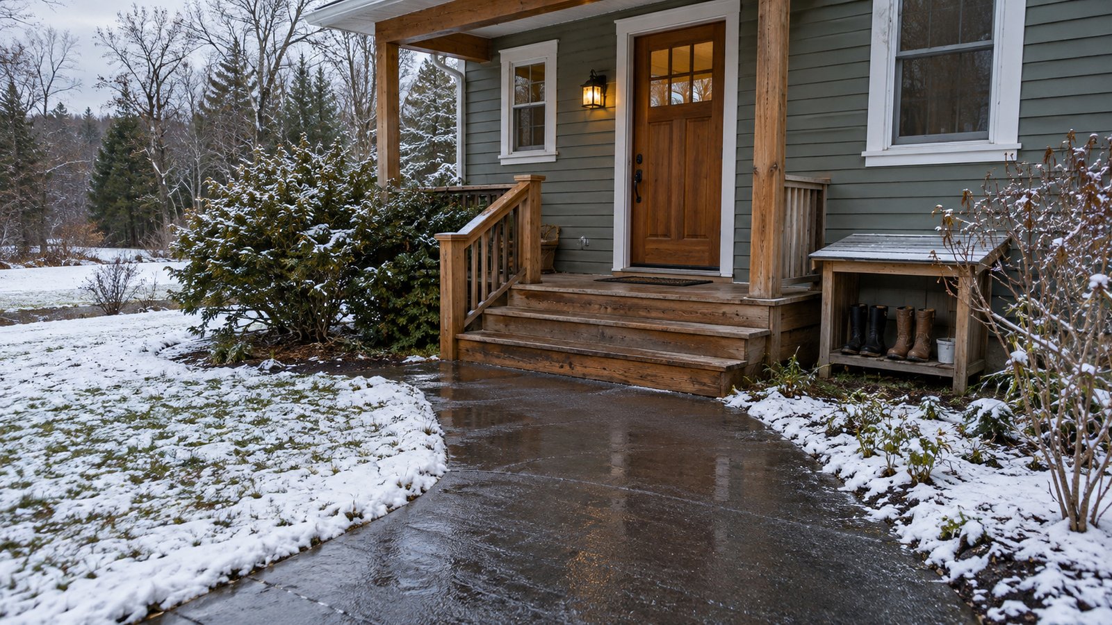A clear route to the porch Shoveled wet path leading to wooden porch steps, with light snow on the lawn and a boot rack beside the house