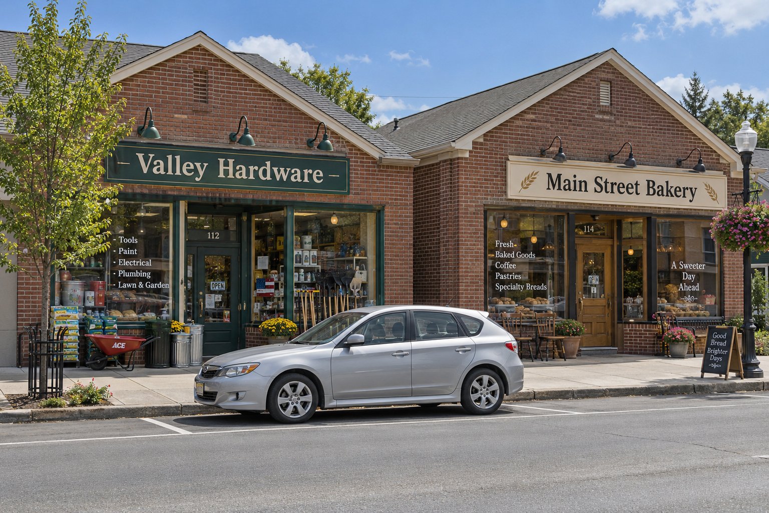 Useful hardware and bakery storefront signs with a complete silver hatchback in a marked curb bay.