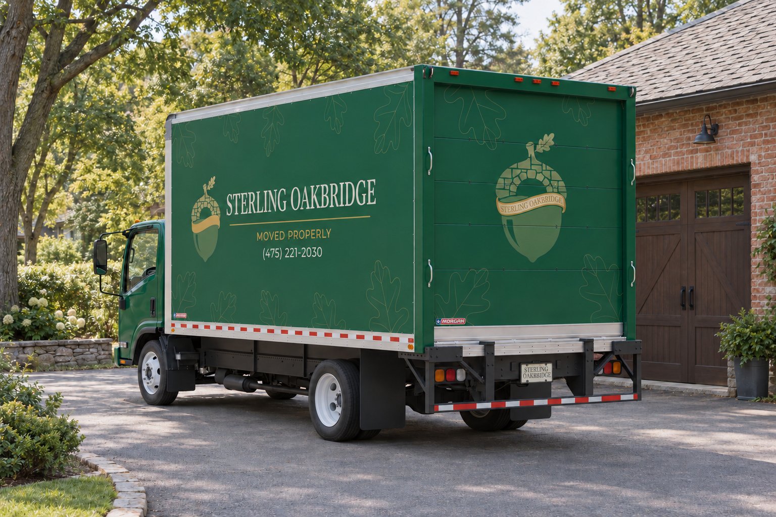 Confirm the truck position A complete green Sterling Oakbridge NPR16 truck seen from its rear three-quarter side beside a brick carriage-style garage.