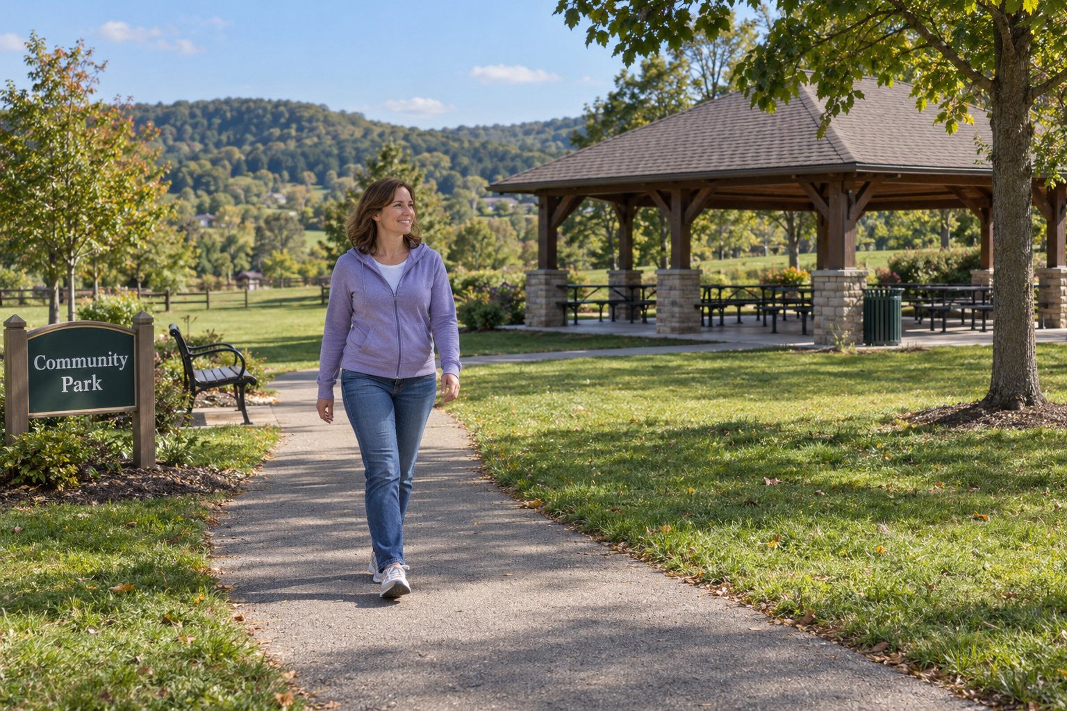 A whole casually dressed woman walks on a paved community-park path beside a bench and pavilion in daylight.