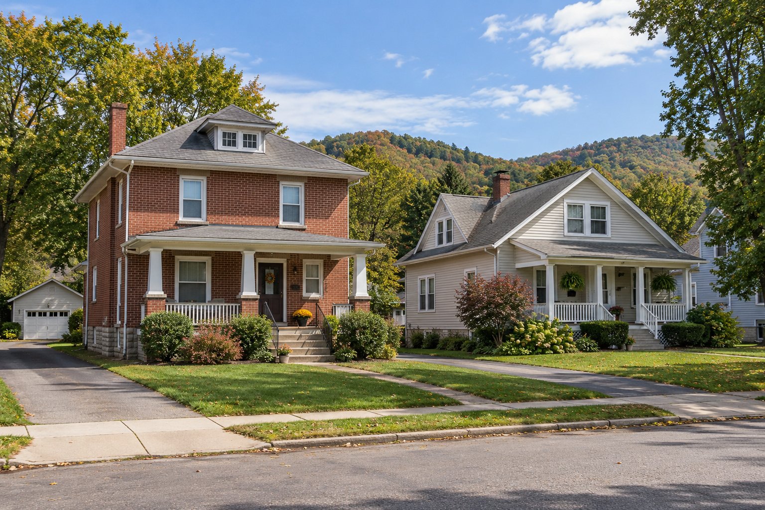 Inspect the property approach A complete brick foursquare and clapboard bungalow with porches, planted approaches and low hills in daylight.