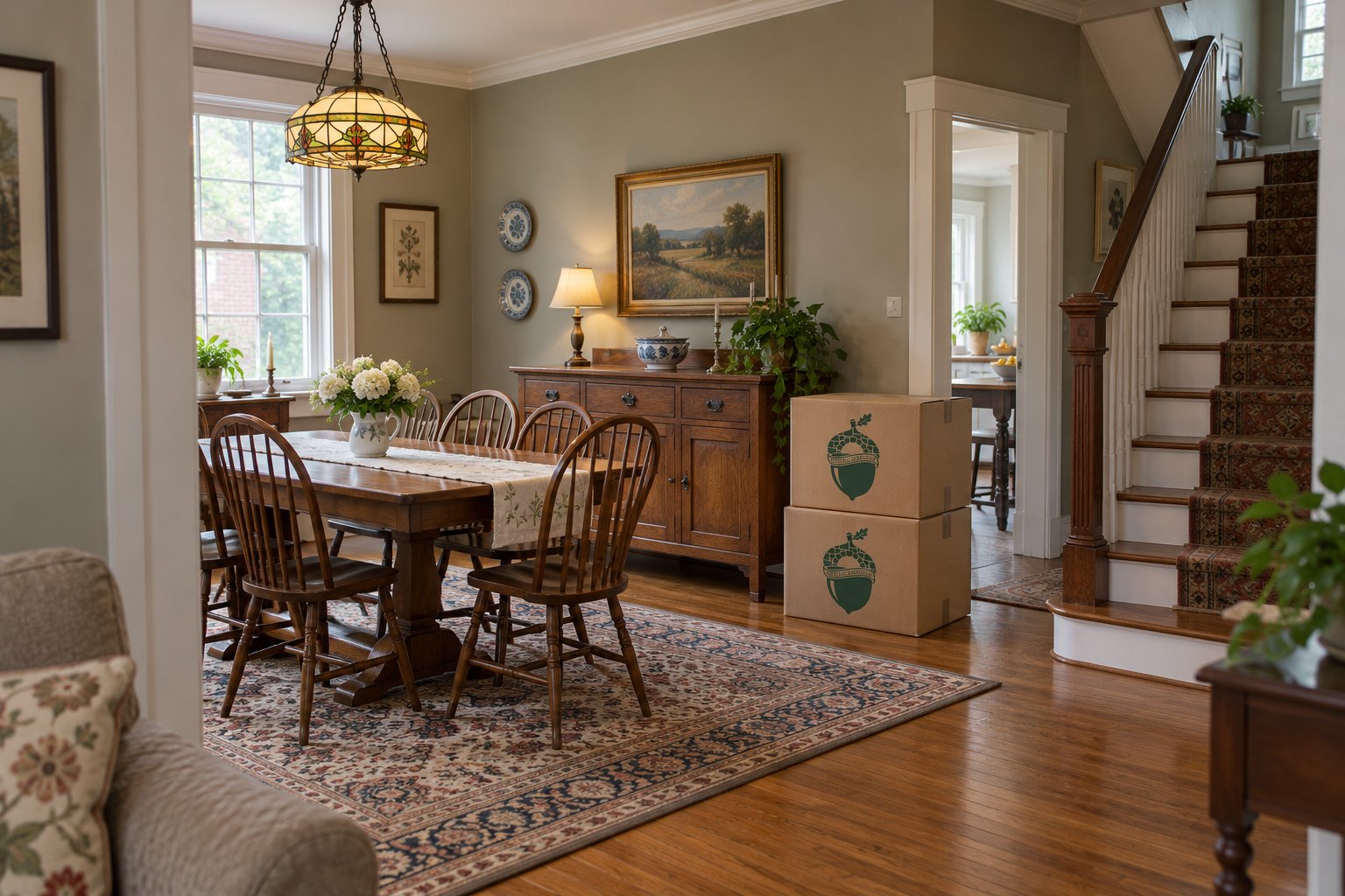 A furnished dining room, sideboard, visible stair flight and doorway with two closed kraft linen cartons.