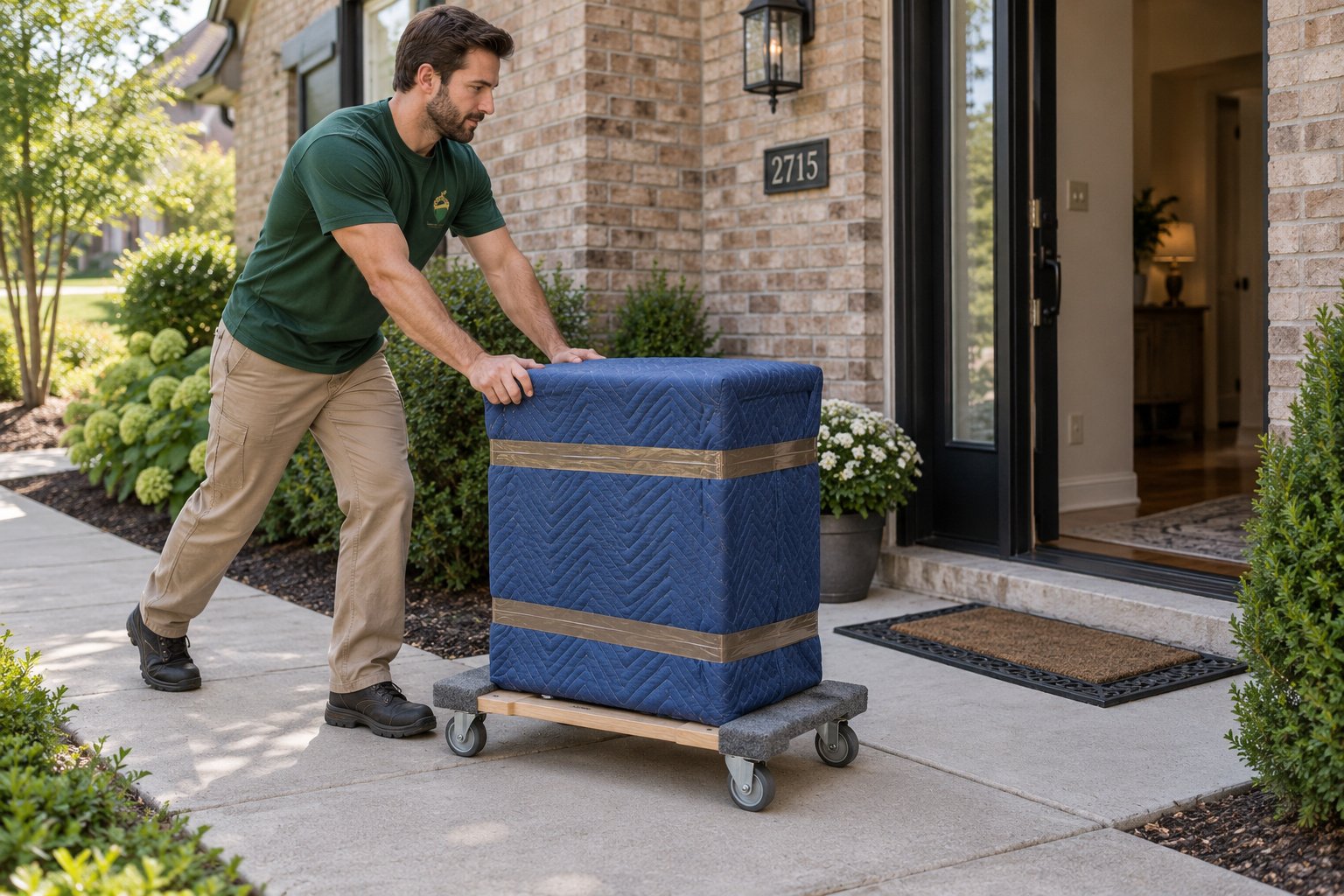 Prepare furniture and the carry A whole male Sterling Oakbridge mover pushes opaque blanket-wrapped furniture on a compact carpet-ended wooden dolly along a smooth paved path.