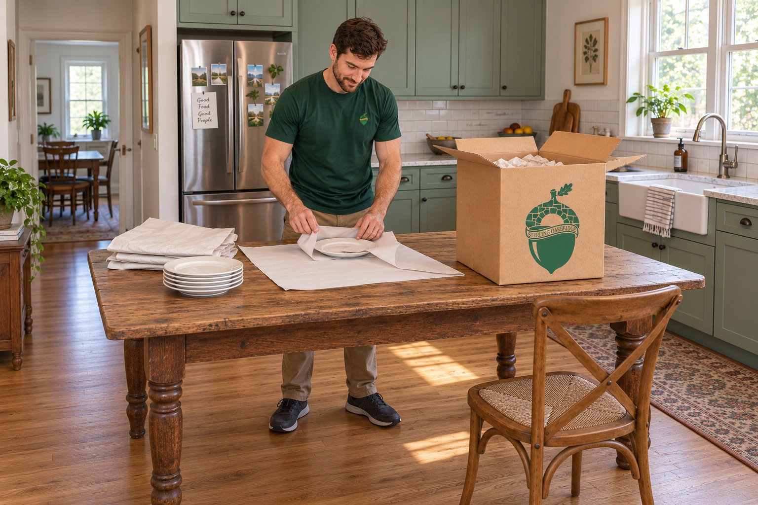 Prepare fragile packing A whole male packer wraps a plate at a wooden table in a furnished kitchen beside an open tall kraft dish carton.