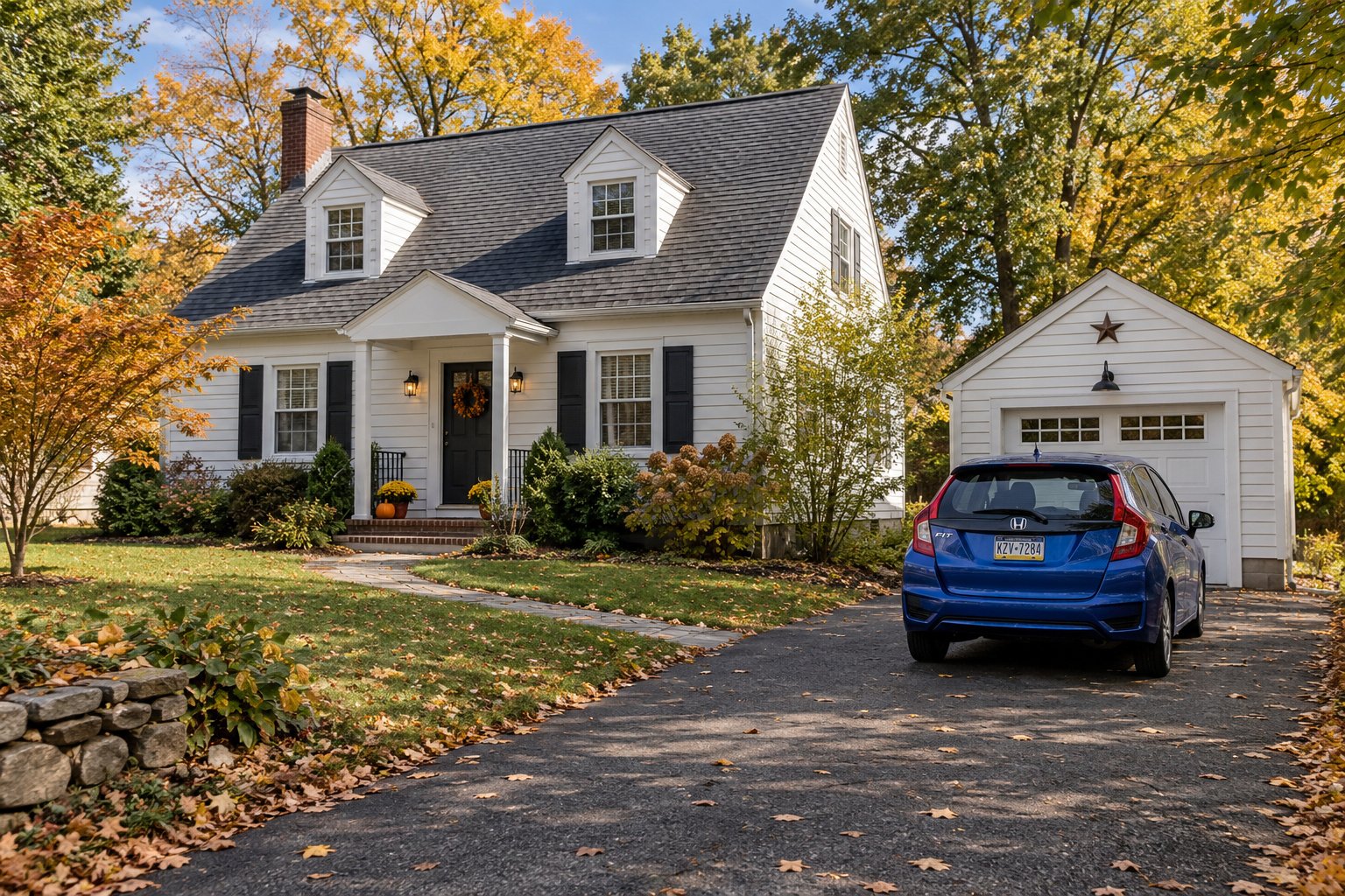 A complete Cape Cod style home, detached garage and car beside a driveway in ordinary autumn daylight.