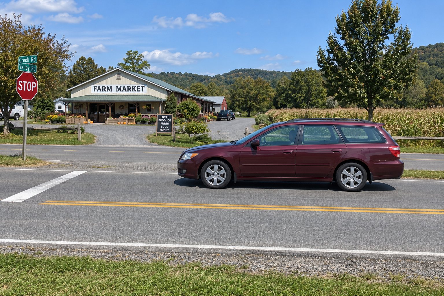 A complete burgundy station wagon approaches a rural junction with a STOP sign and a farm-market parking entrance.