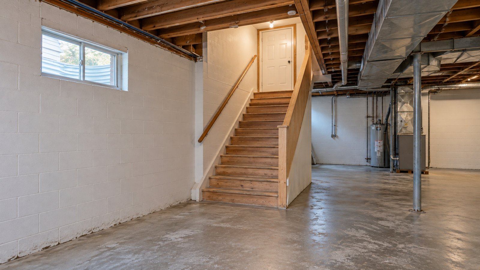 The route out of a basement Straight wooden basement staircase with a wall handrail, solid side guard and a closed door at the top