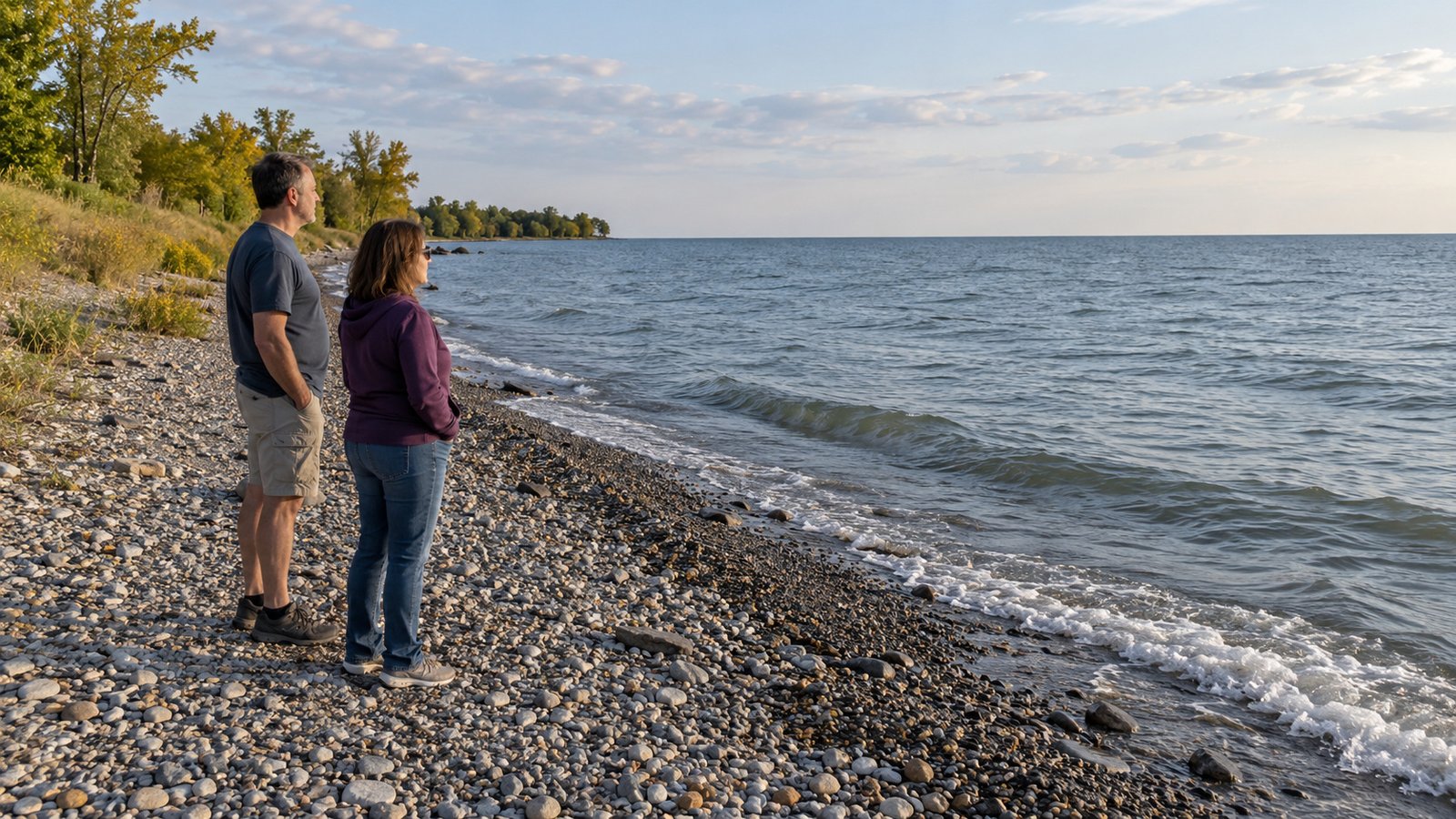 Two adults standing on a pebbly lakeshore and looking across the water