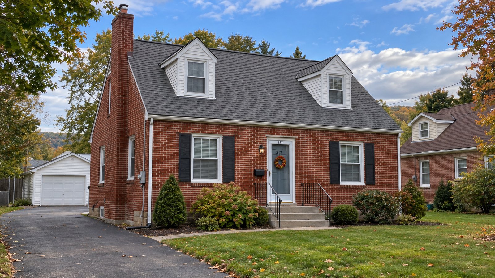 A brick home and its approach Red-brick Cape Cod house with two dormers, a short front stoop and a paved side driveway