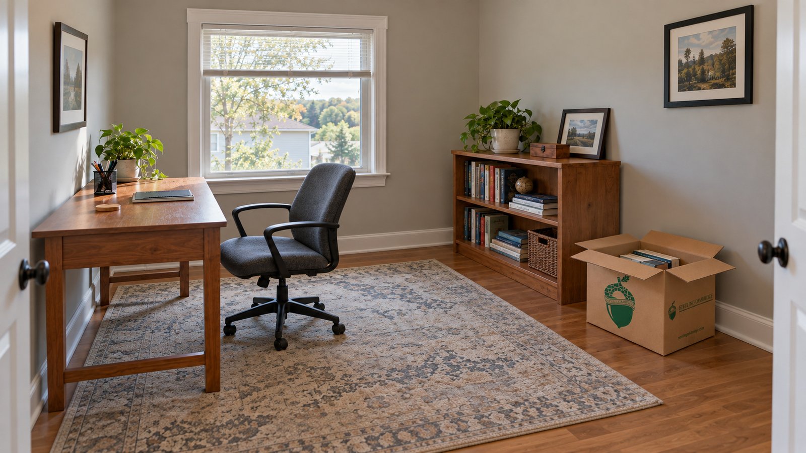 Small home office with a wooden desk, chair, low bookcase and an open Sterling Oakbridge book carton